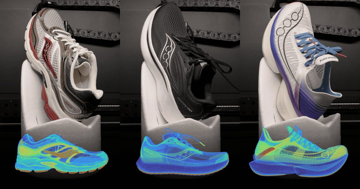 Three pairs of running shoes displayed on a stand, with one pair illustrated in a colorful, glowing design.